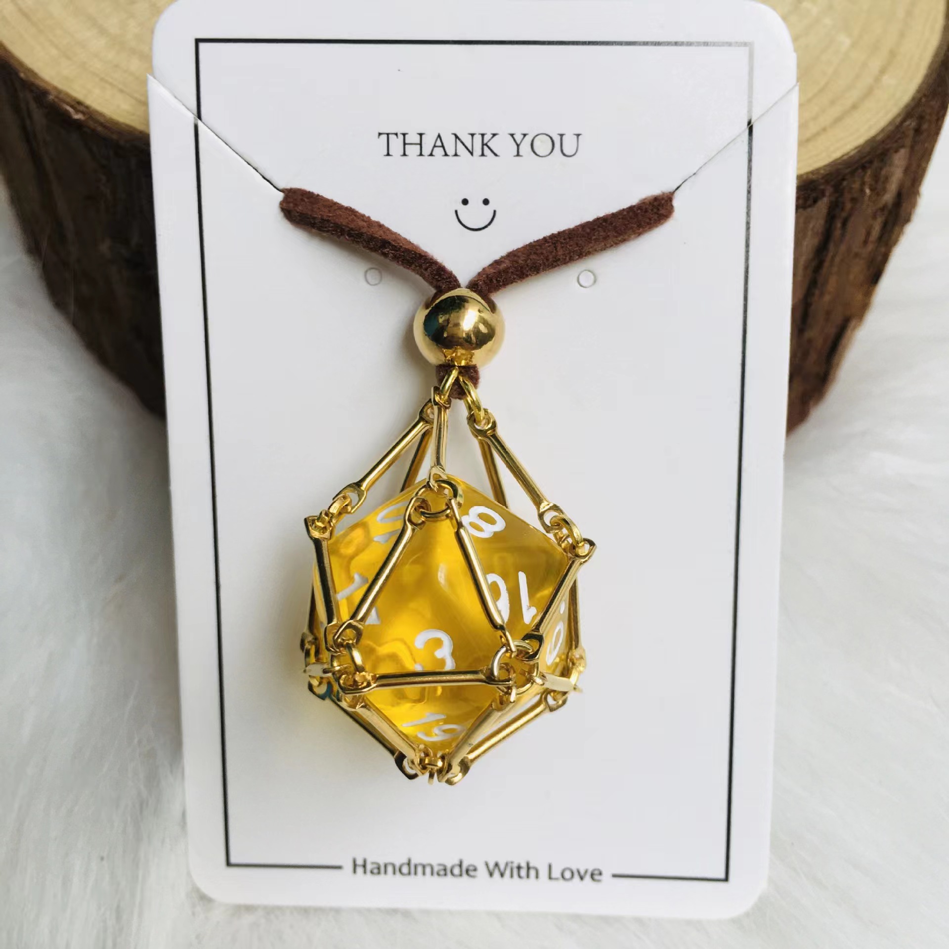 Removable dice cage necklace d20 jail pendant solid brass and deerskin leather