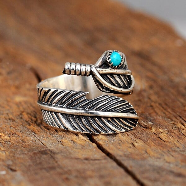 Boho Feather Turquoise Adjustable Ring