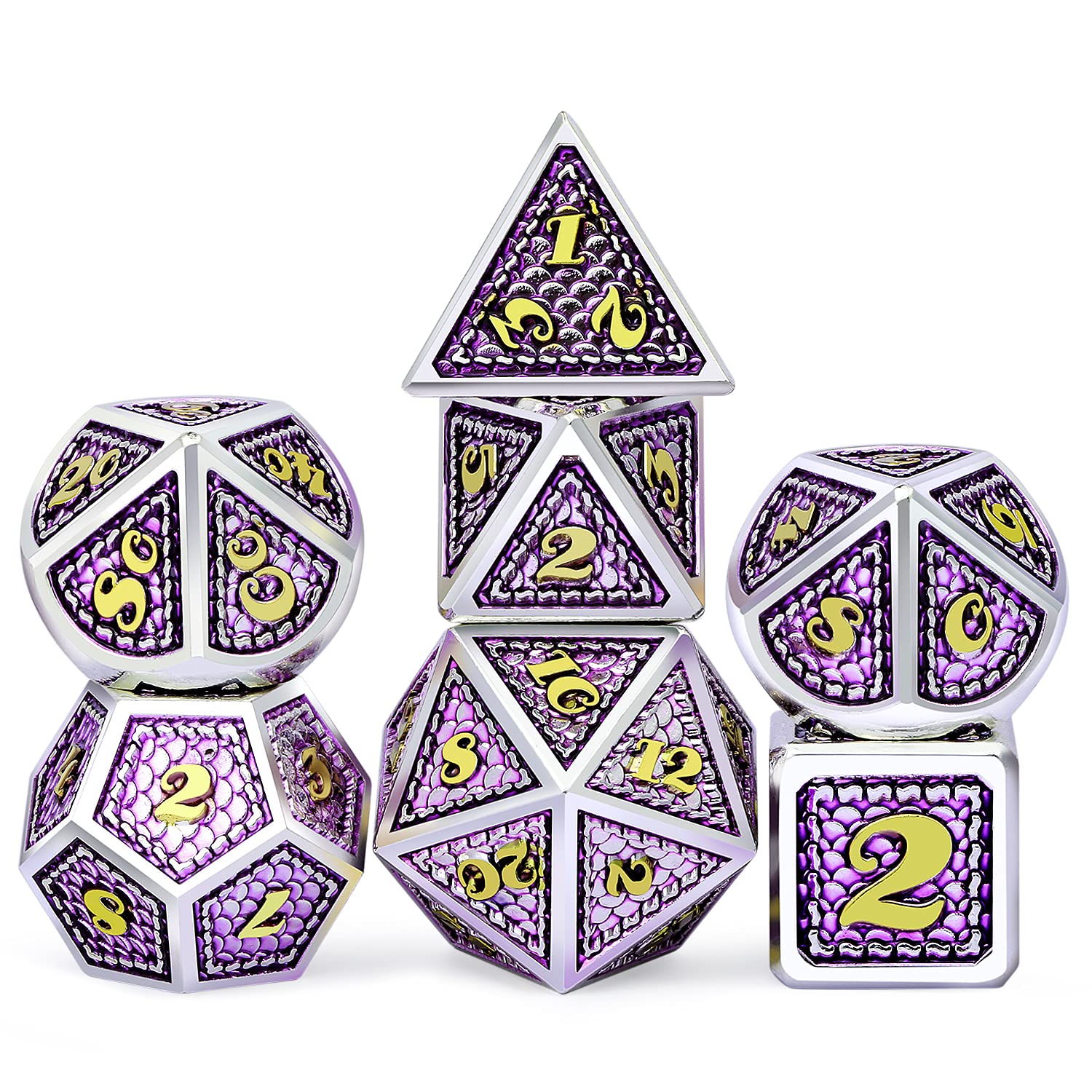 Dragon Scale 7 PCS Polyhedral Metal Dice Set(Lilac with Silver Edge)