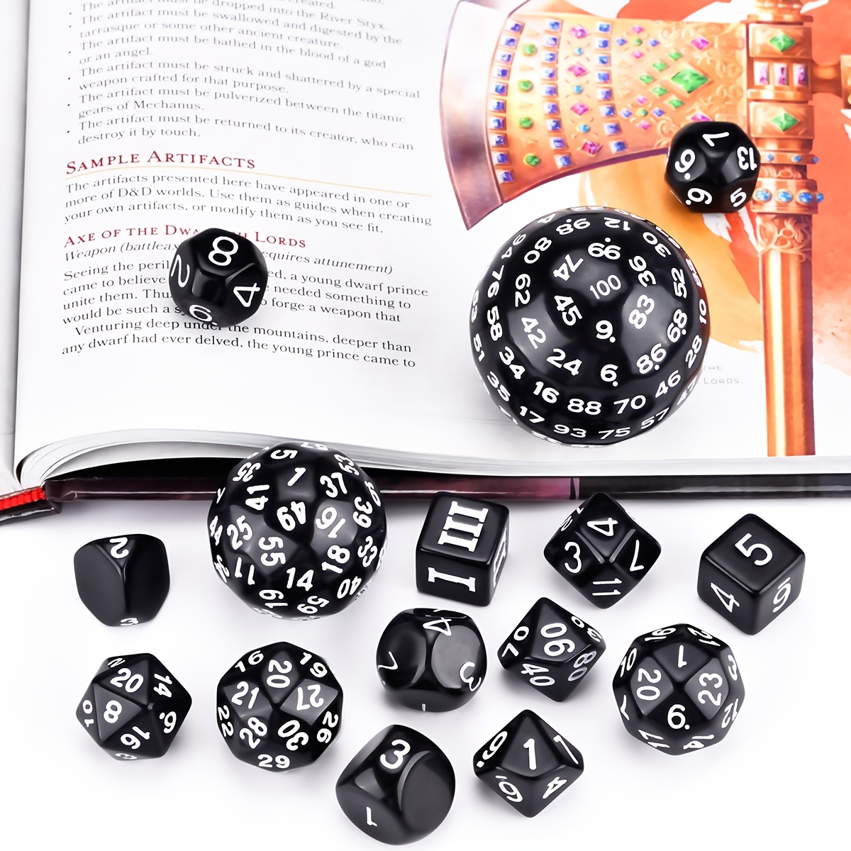 D3-D100 Black Base Polyhedral Dice Set Of 15 For Role Playing Game, Club Game, Board Game Accessories