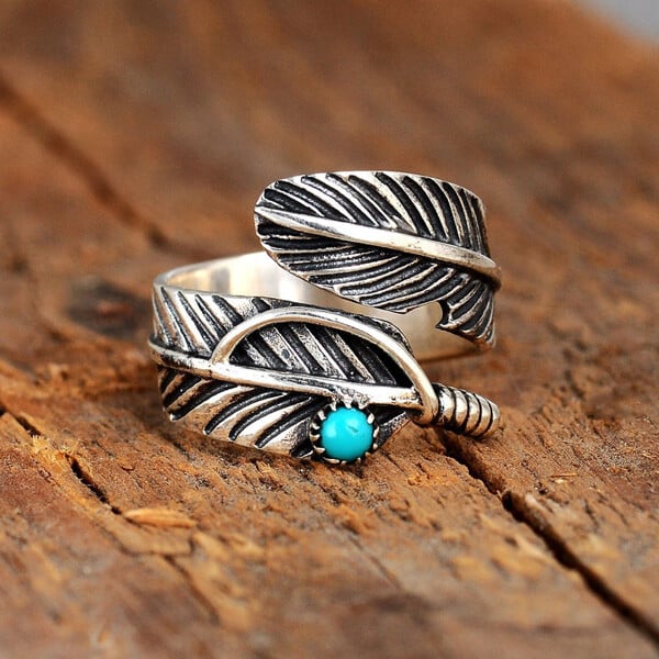 Boho Feather Turquoise Adjustable Ring