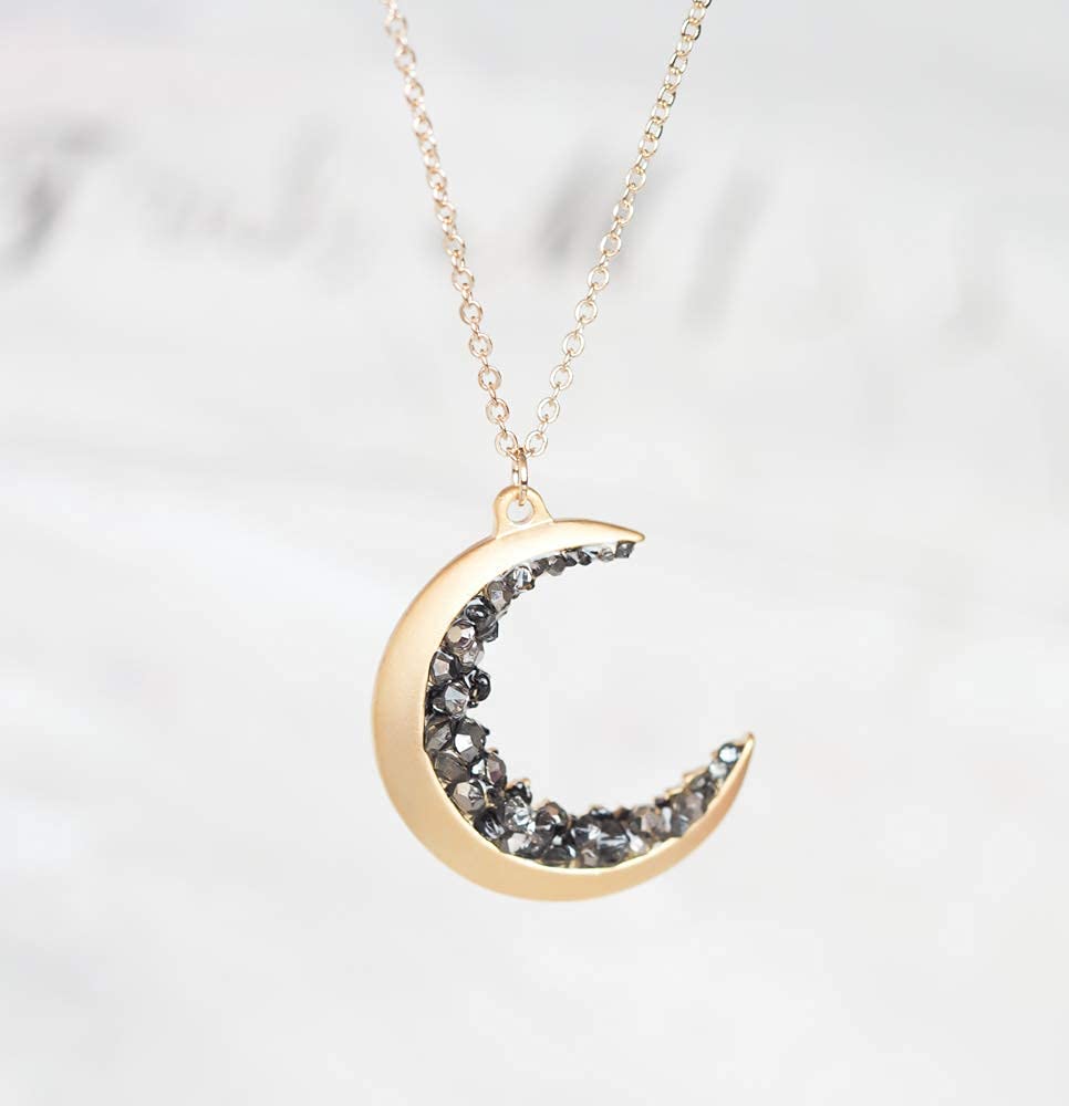 Gold Plated Crescent Moon Encrusted with Black Crystals Jewels Long Necklace