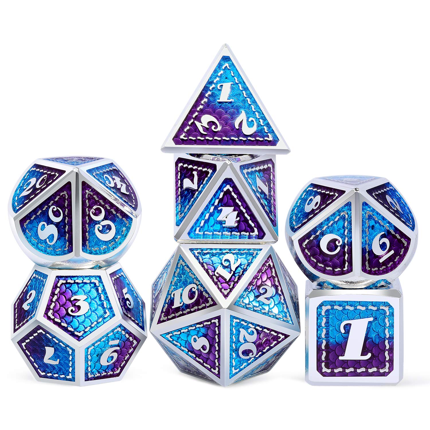 Dragon Scale 7 PCS Polyhedral Metal Dice Set(Blue and Purple with Silver Edge)