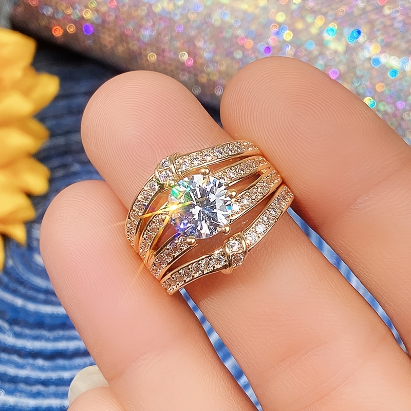 18k Gold Plated Round Zircon Set Ring Fashion Luxury Engagement Wedding Jewelry For Women Ring Set 3pcs