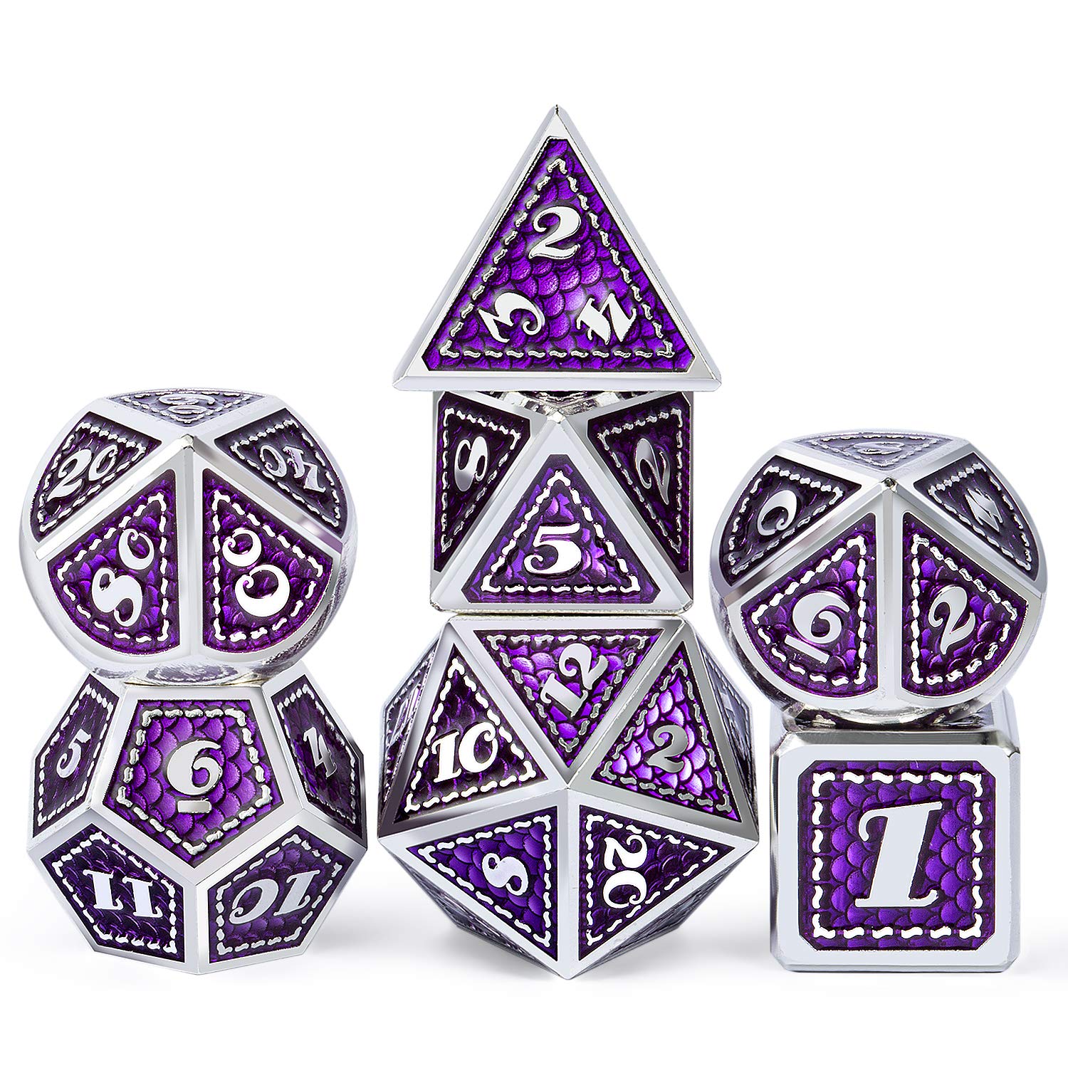 Dragon Scale 7 PCS Polyhedral Metal Dice Set(Purple with Silver Edge)