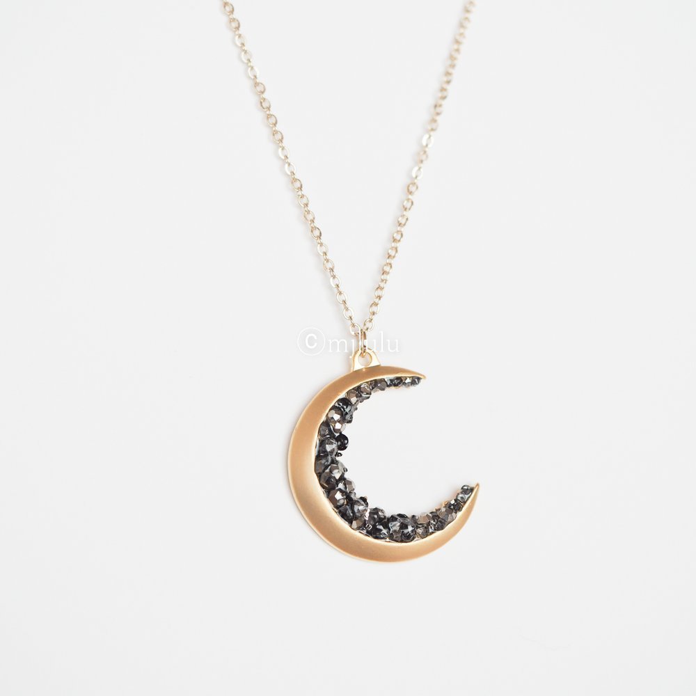 Gold Plated Crescent Moon Encrusted with Black Crystals Jewels Long Necklace