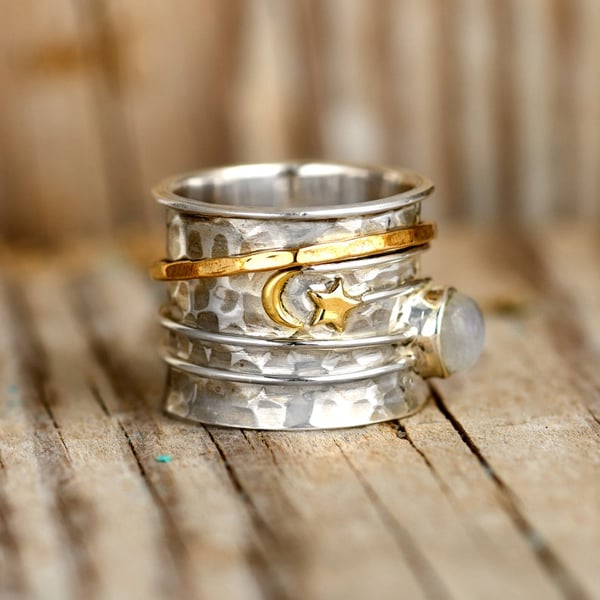 Sterling Silver Star and Moon Moonstone Spinner Ring