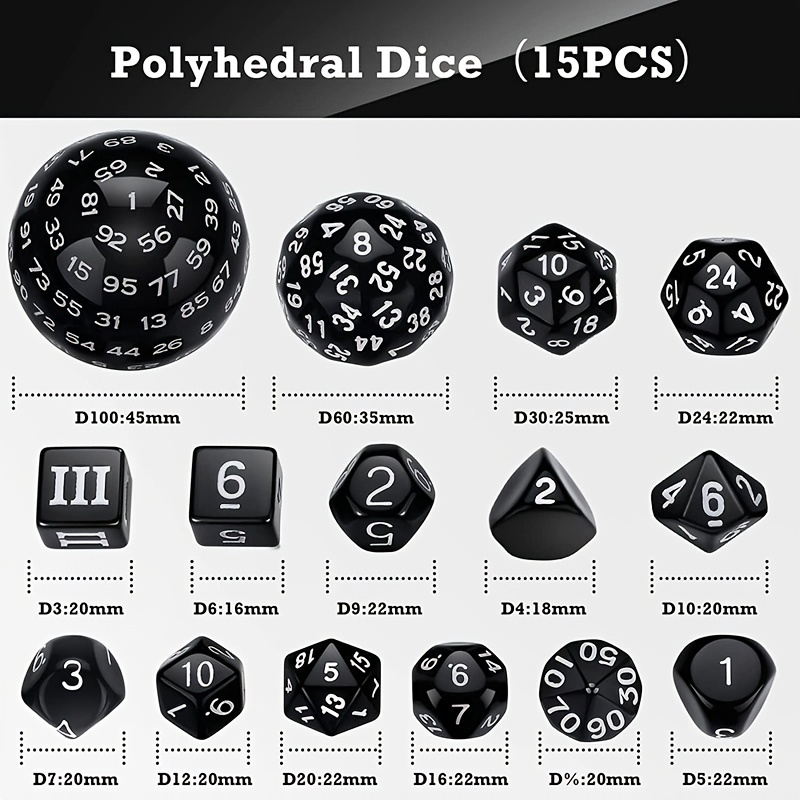 D3-D100 Black Base Polyhedral Dice Set Of 15 For Role Playing Game, Club Game, Board Game Accessories