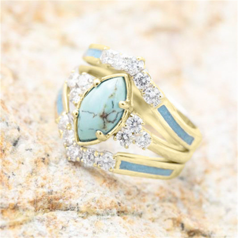 3 Pieces/Set Women's 18K Gold Plated Multilayer Hollow Turquoise Rings With Delicate Moissanite Engagement Wedding Rings Anniversary Birthday Christmas Gift Jewelry