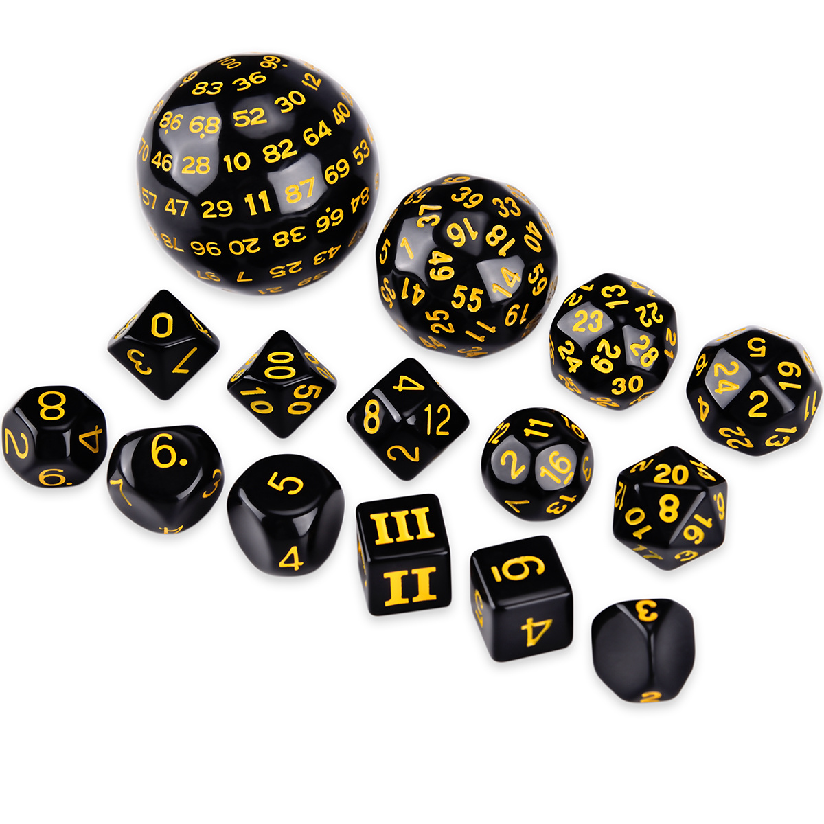 D3-D100 Black Base Polyhedral Dice Set Of 15 For Role Playing Game, Club Game, Board Game Accessories