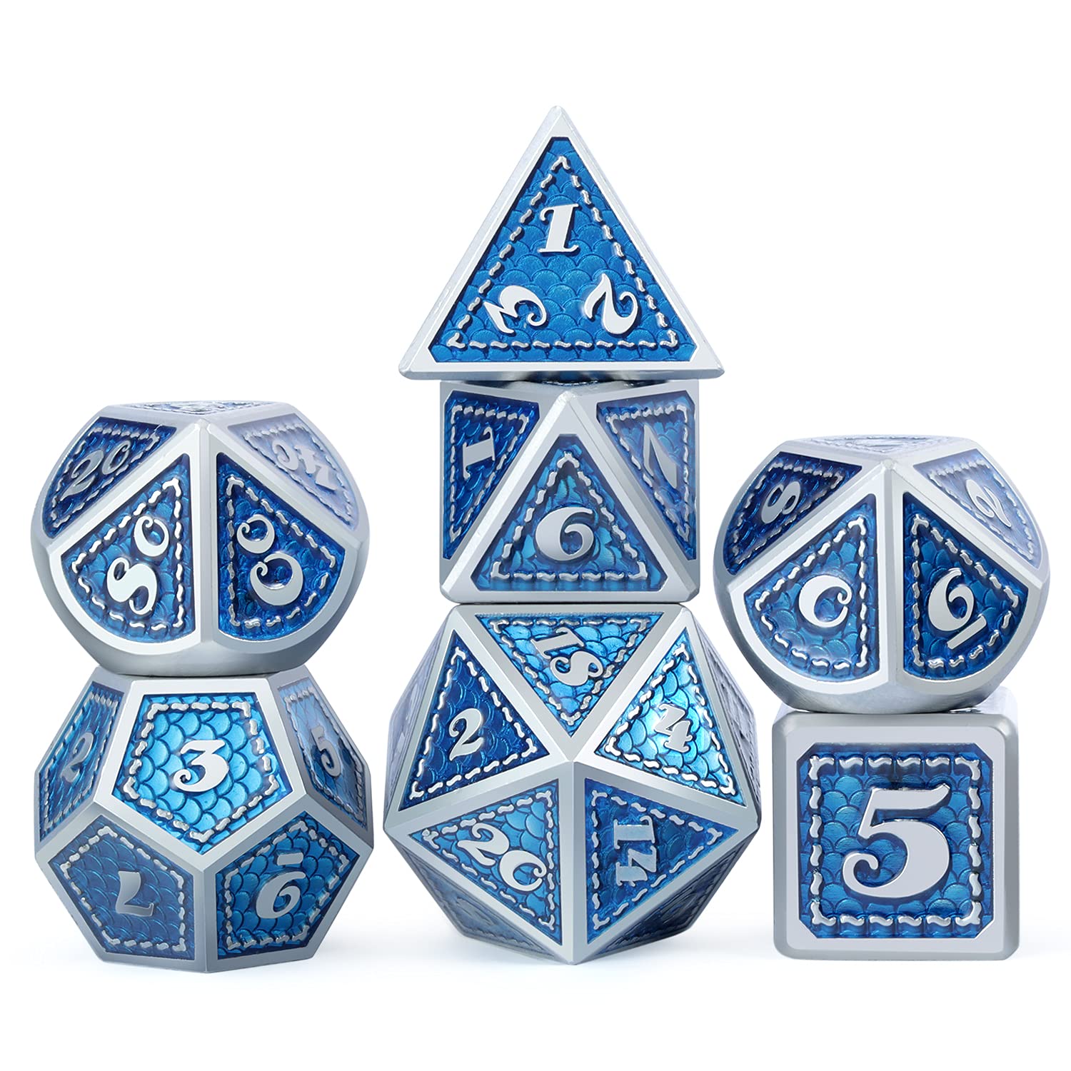 Dragon Scale 7 PCS Polyhedral Metal Dice Set(Blue with Matt Silver Edge)