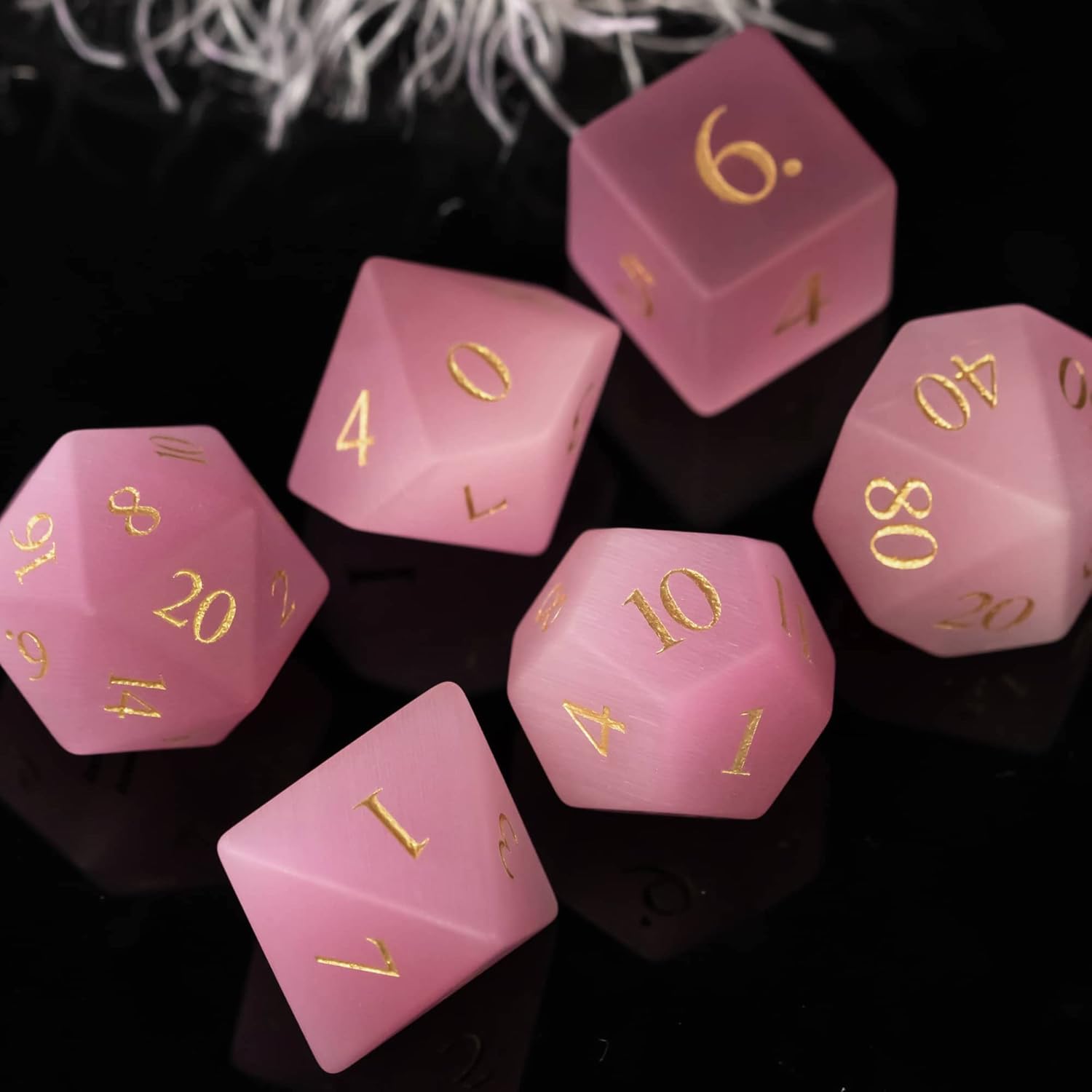 Pink Cat's Eye Natural Gemstone Dice Set, 7 Pcs Crystal DND Dice