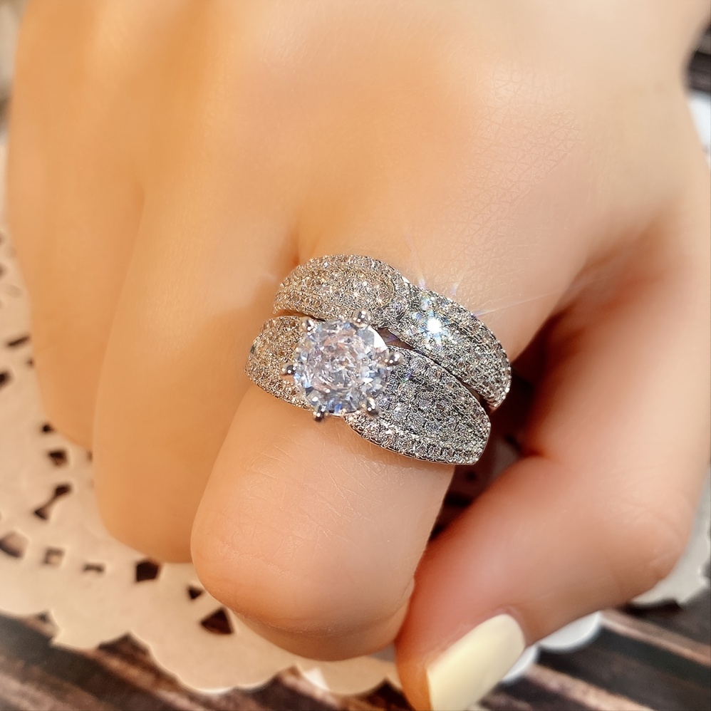2 Pcs/set 925 Silver Plated Bridal Wedding Zircon Ring For Women Engagement Proposal Gift Jewelry