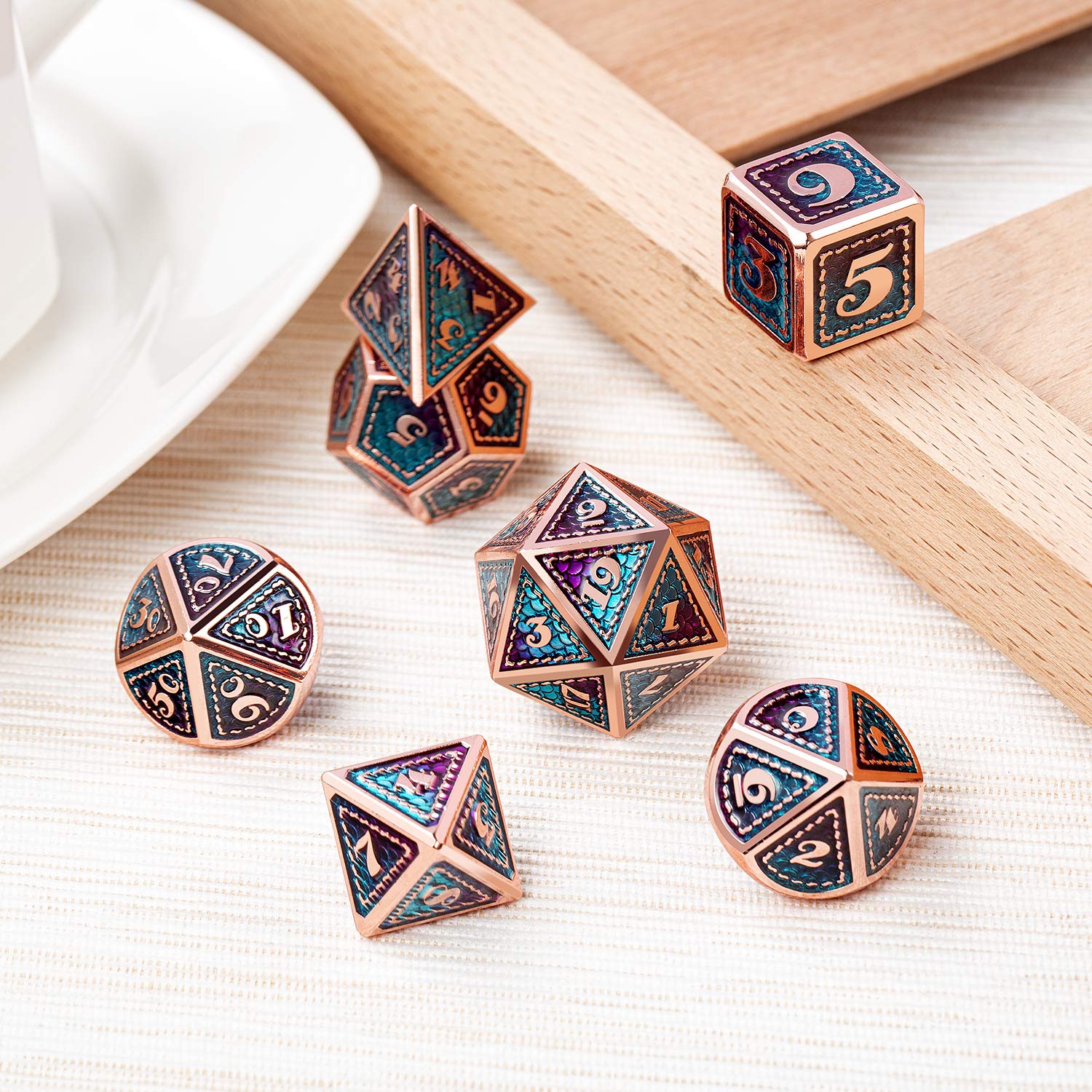 Dragon Scale 7 PCS Polyhedral Metal Dice Set(Teal and Purple with Copper Edge)