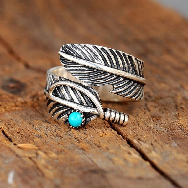 Boho Feather Turquoise Adjustable Ring