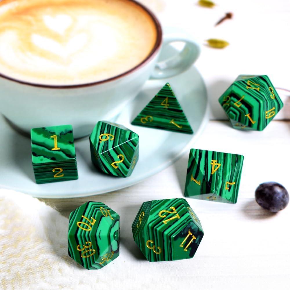 Malachite Gold Ink Gemstone Polyhedral Dice Set