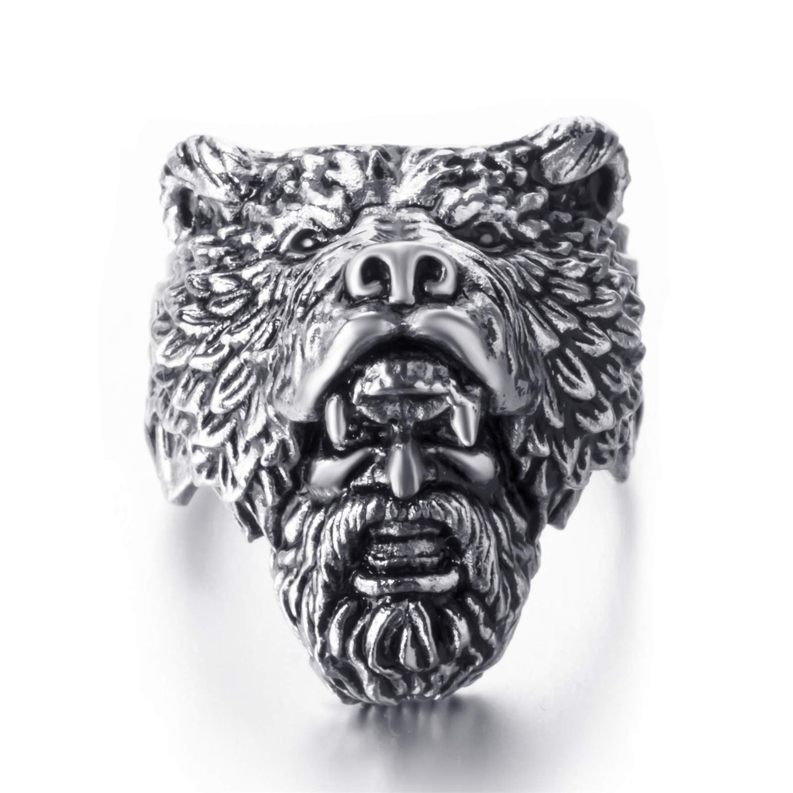 Viking Bear Man Warrior Silver Black Titanium Biker Ring