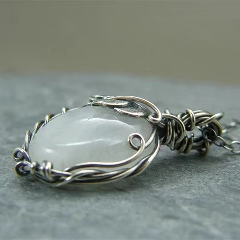Moonstone Necklace Female Pendant Retro Bohemian Leaf Rattan Accessories