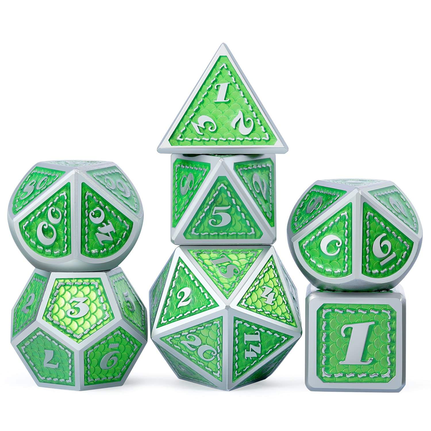 Dragon Scale 7 PCS Polyhedral Metal Dice Set(Neno Green & Green with Matt Silver Edge)